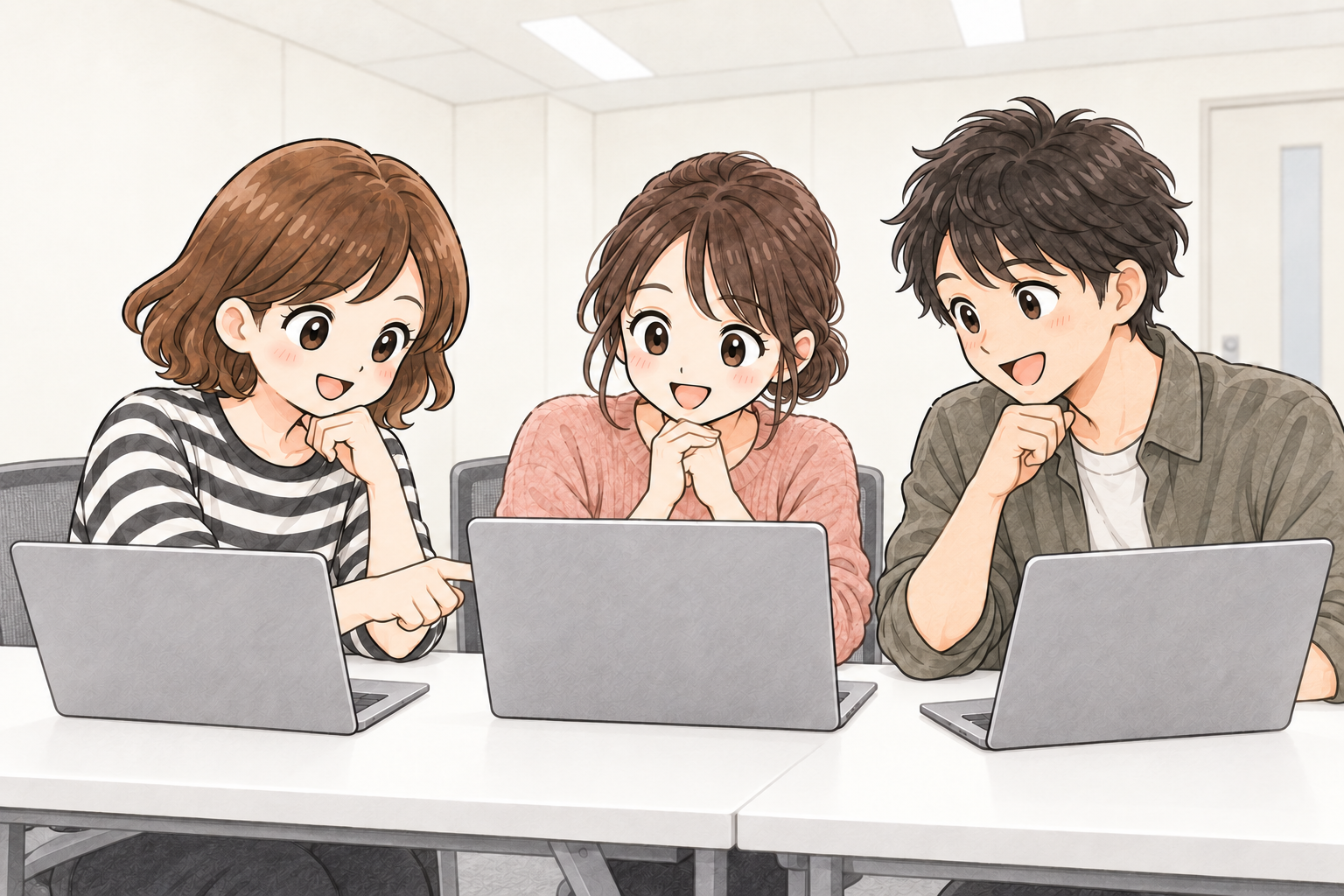 白い会議室で、仲間とパソコンの画面を見せ合いながら作業する様子